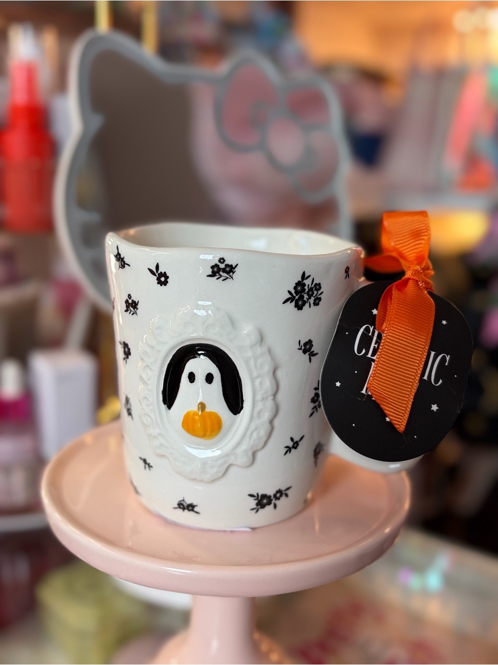 Halloween Ghost Mug in White with Orange Accent